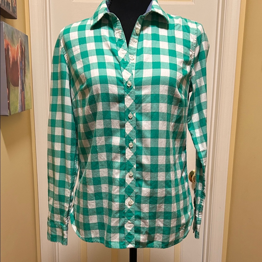 Talbots Green and White Plaid Button Down Shirt with very light flecks of gold